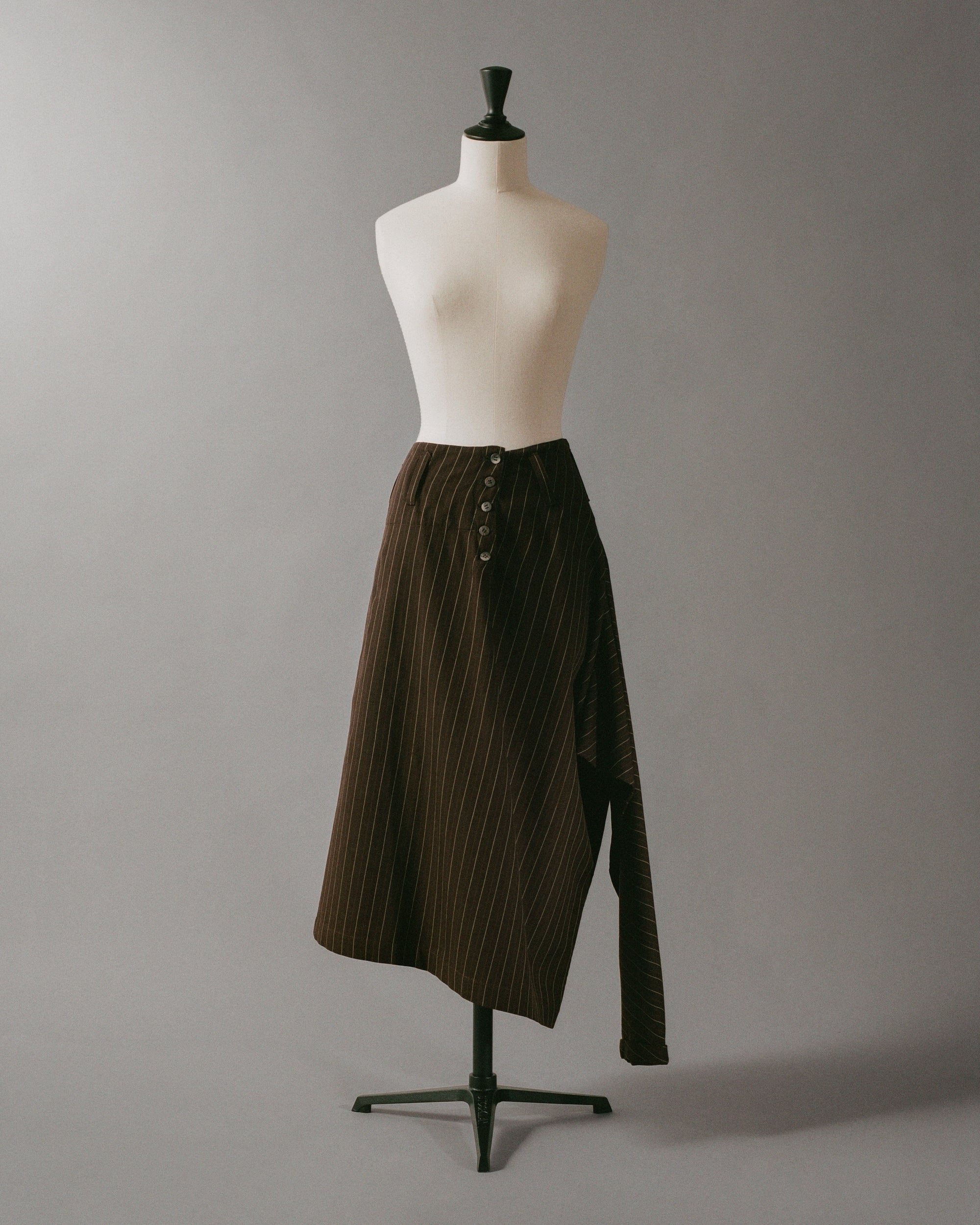 Brown Striped Buttoned Asymmetrical Wool Skirt, 1990